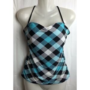 Hobie Tankini Top Women S Blue Plaid Halter Ruched Sides Padded Swim Stretch Top